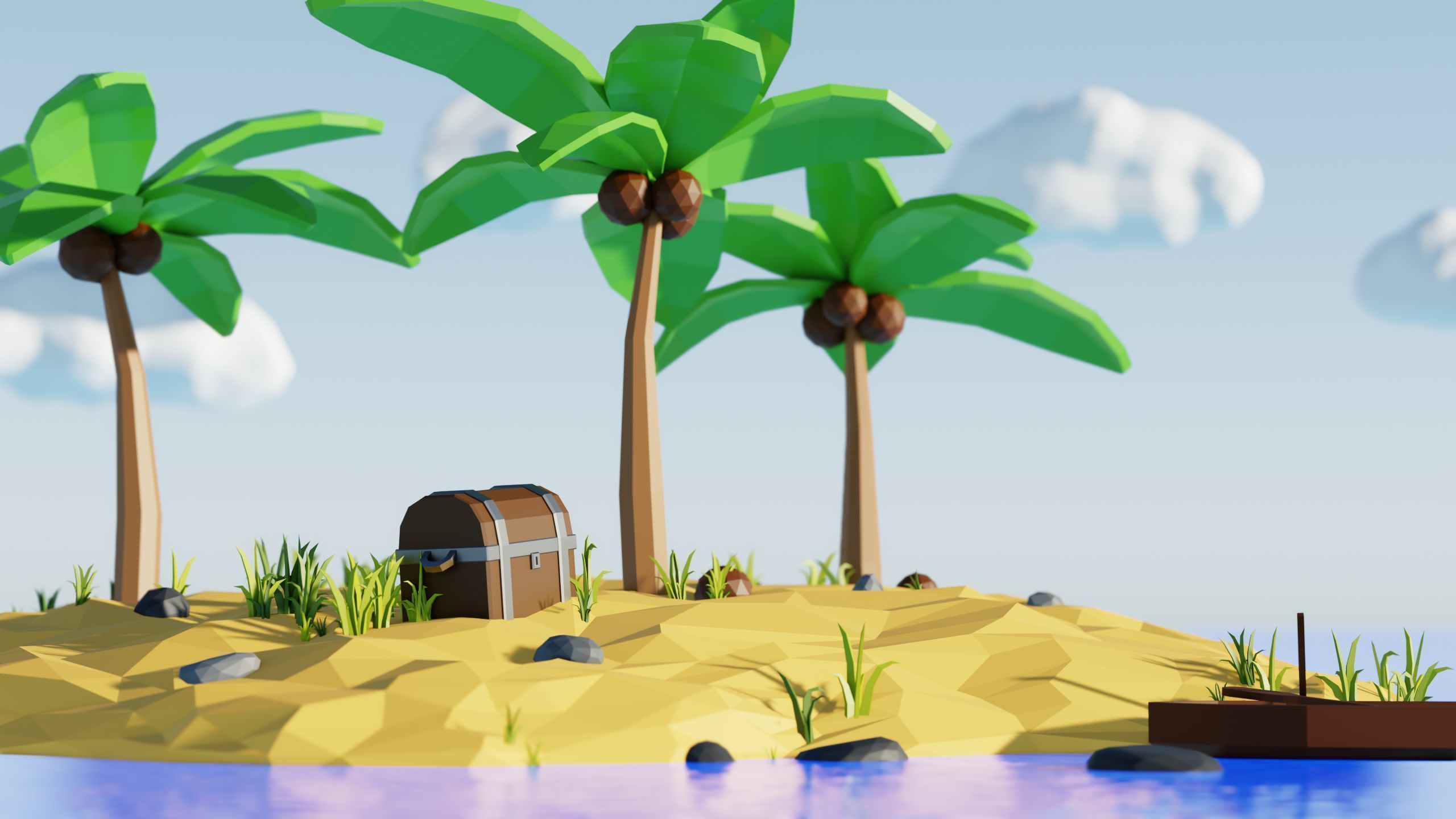 Low Poly Island with palm trees and boat 3D model_2