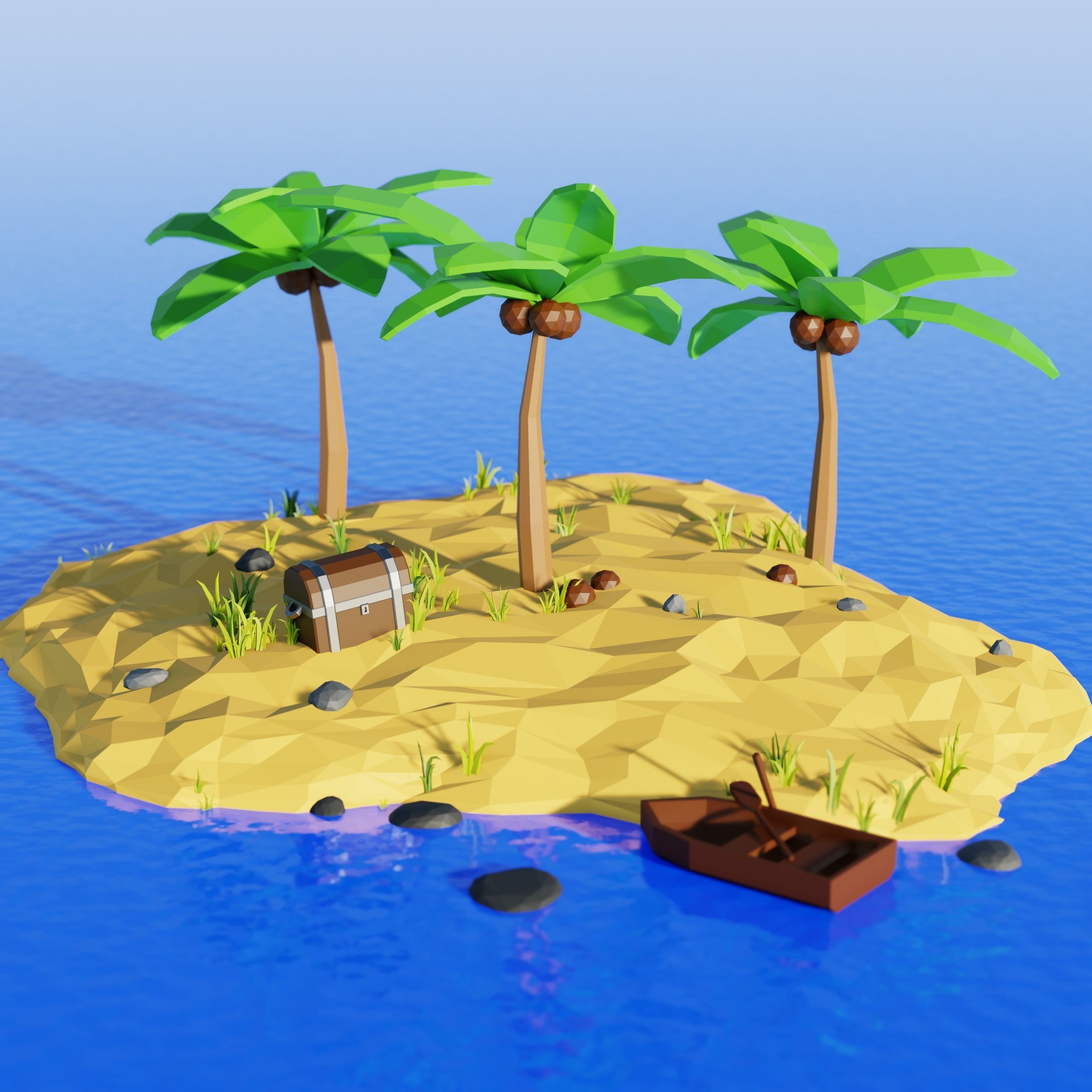 Low Poly Island with palm trees and boat 3D model_5