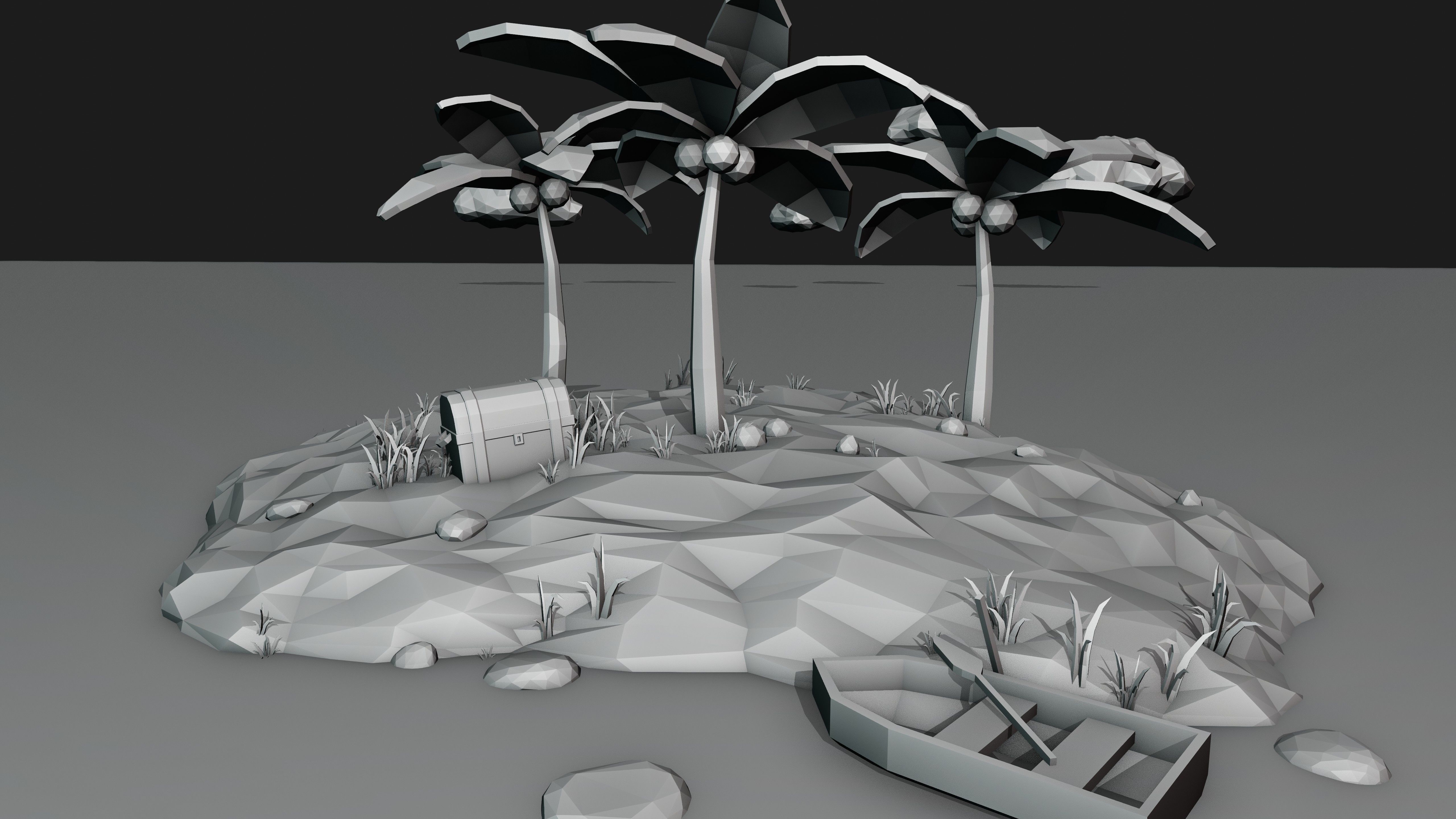 Low Poly Island with palm trees and boat 3D model_9
