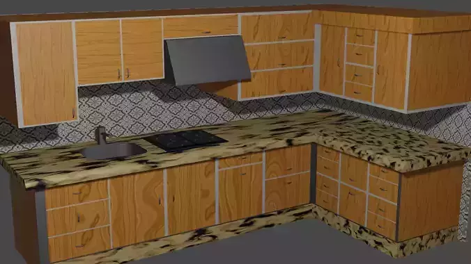 3D Model kitchen with wooden cabinets and counter tops