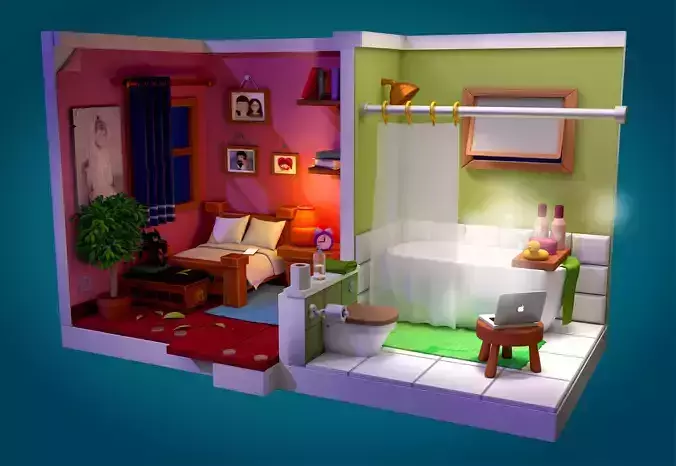 stylized bedroom and Bathroom