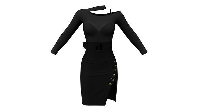 Side Slit Arrow Buttons Belted Mini Skirt Outfit Low-poly 3D model
