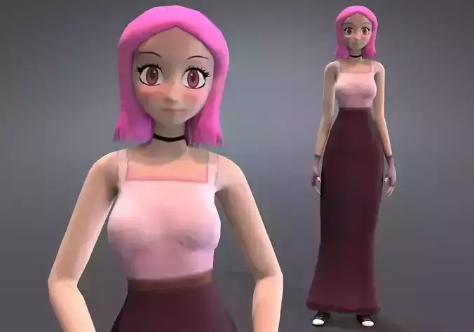 pink girl long dress Low-poly 3D model