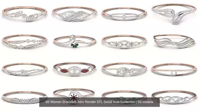 60 Women Bracelets 3dm Render STL Detail Bulk Collection 