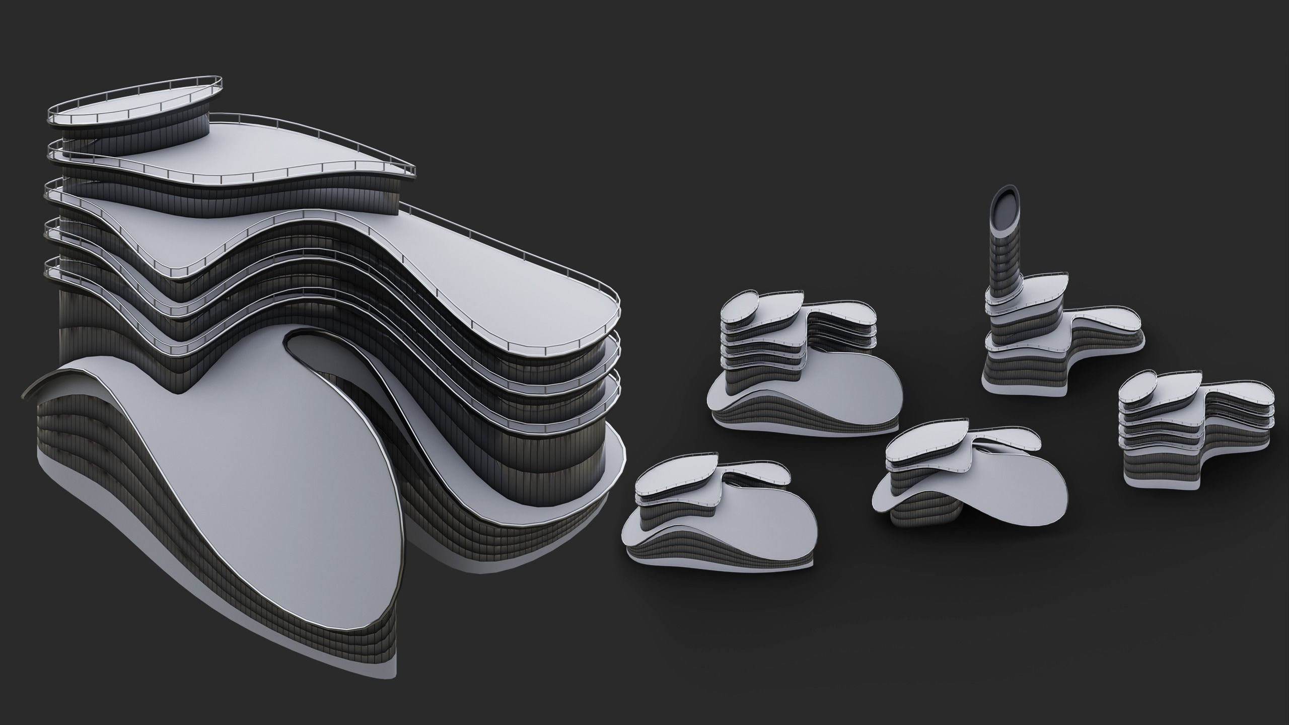 Futuristic Buildings Kitbash Set Low-poly 3D model_4