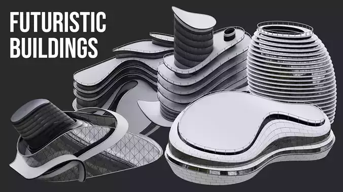 Futuristic Buildings Kitbash Set Low-poly 3D model