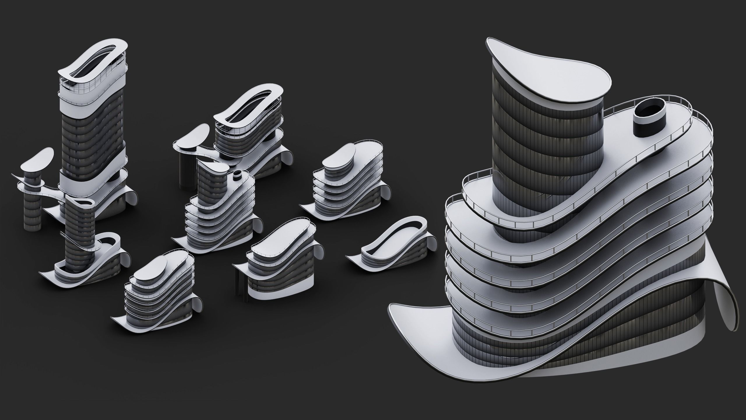 Futuristic Buildings Kitbash Set Low-poly 3D model_1