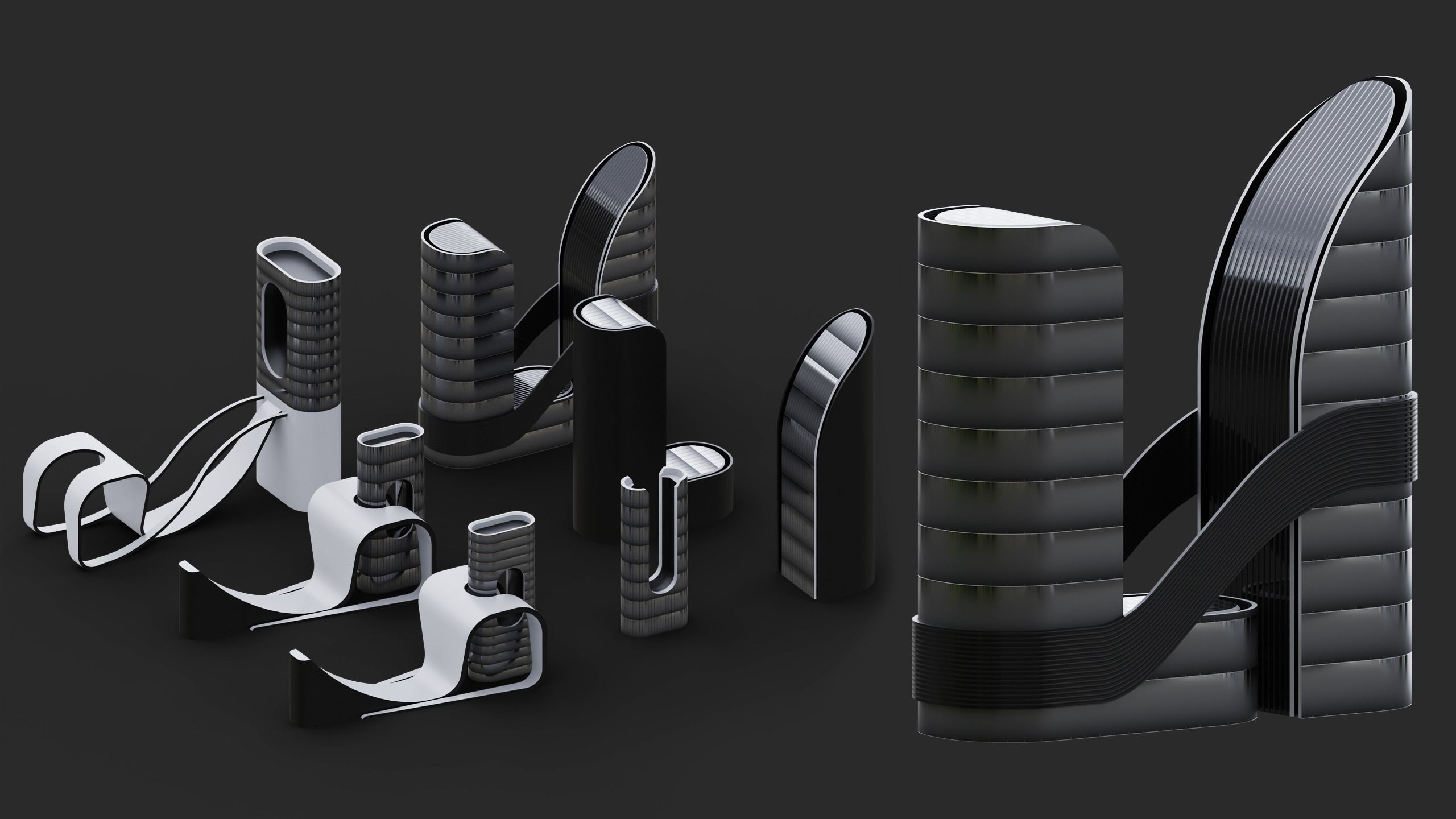 Futuristic Buildings Kitbash Set Low-poly 3D model_7