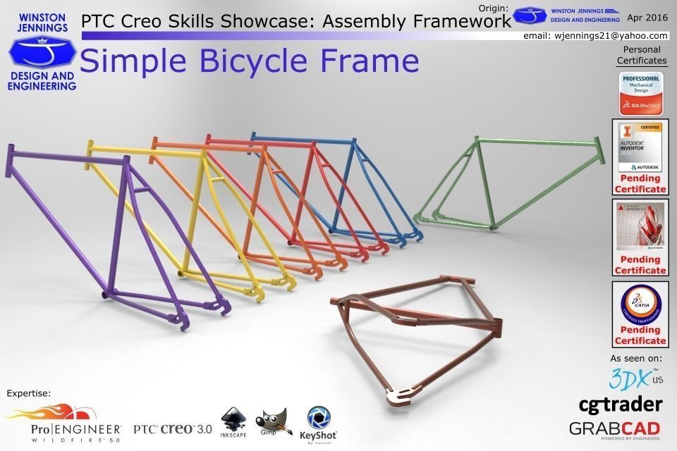 PTC Creo Skills Showcase Simple Bicycle Frame Free 3D model