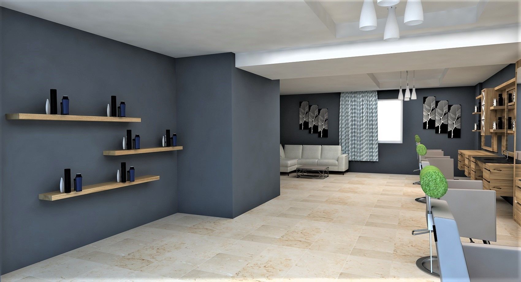 barber hair salon with shelves and mirrors 3D model_2