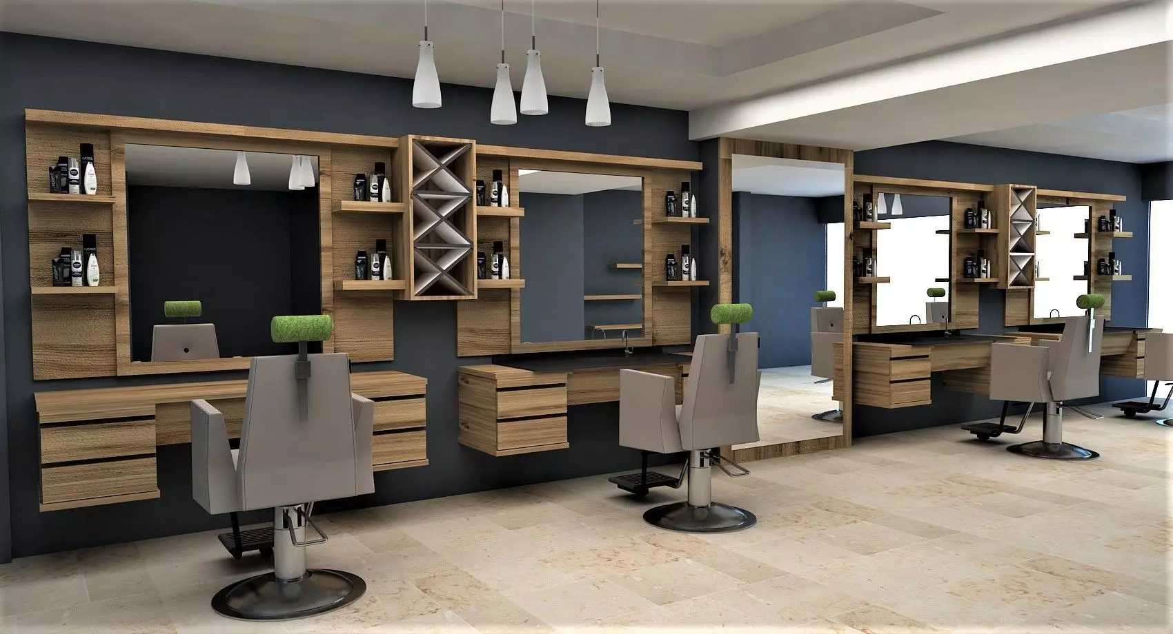 barber hair salon with shelves and mirrors 3D model_0