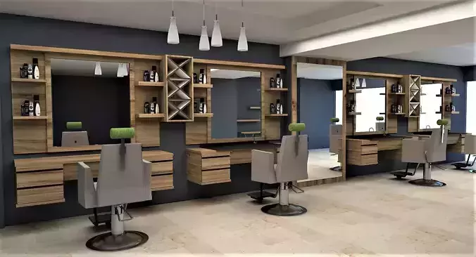 barber hair salon with shelves and mirrors
