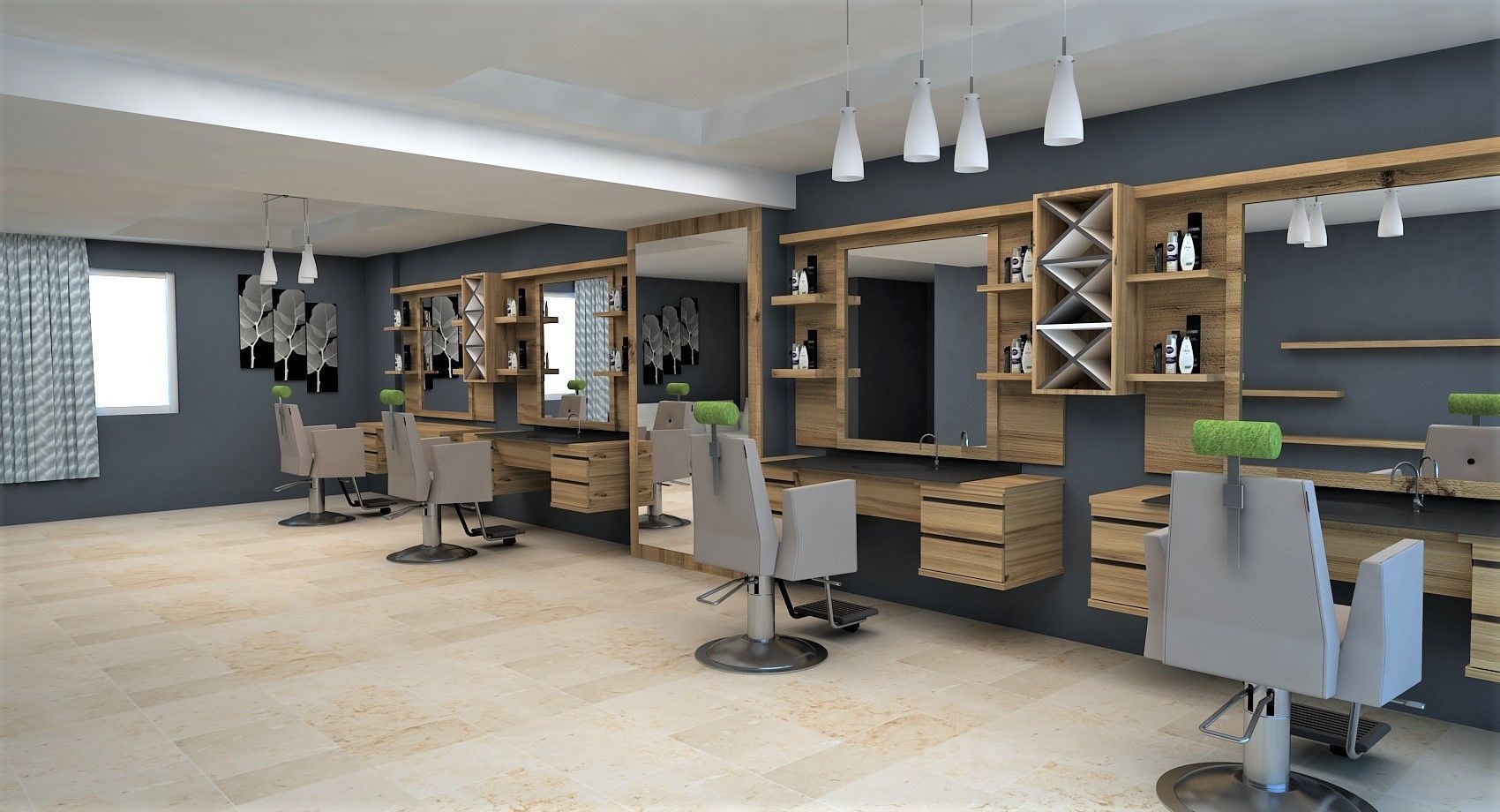 barber hair salon with shelves and mirrors 3D model_1