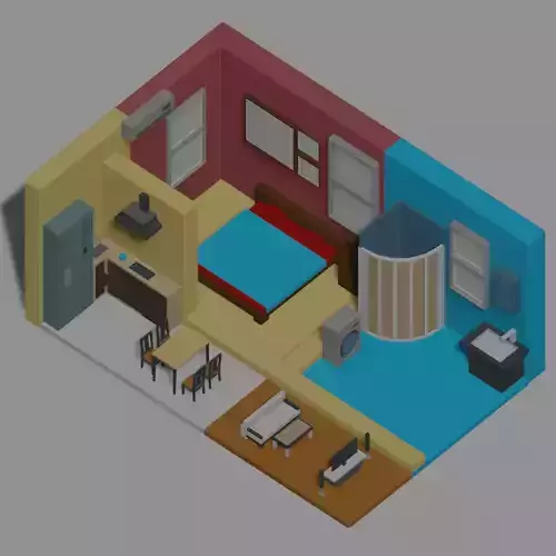 Isometric House Four Rooms Low poly 