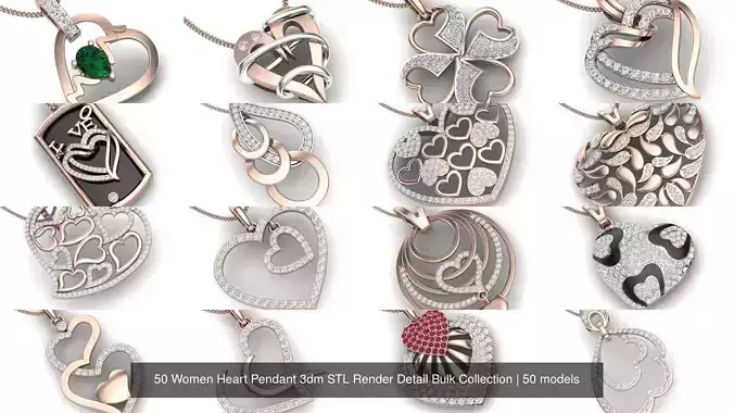 50 Women Heart Pendant 3dm STL Render Detail Bulk Collection 