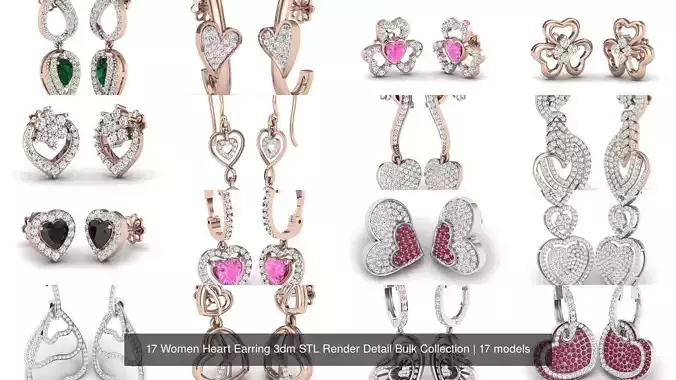 17 Women Heart Earring 3dm STL Render Detail Bulk Collection 