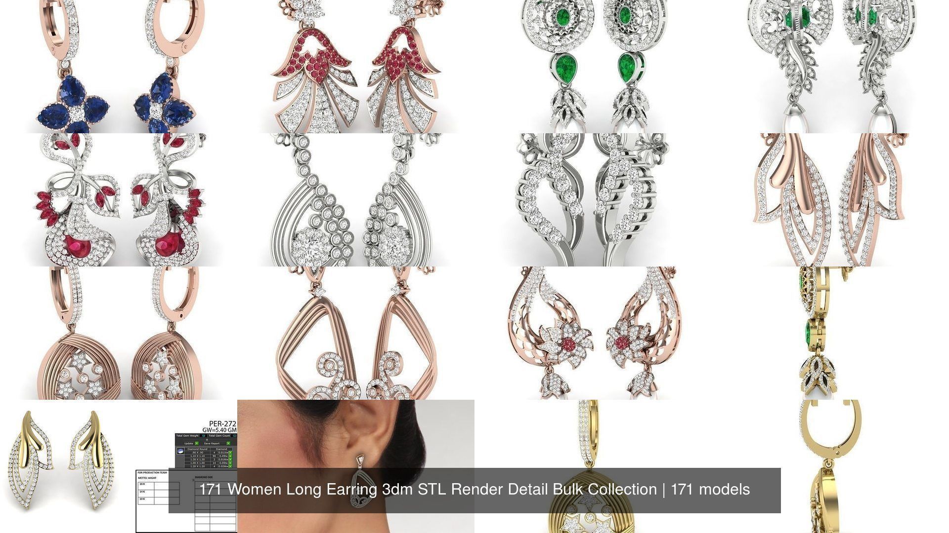 171 Women Long Earring 3dm STL Render Detail Bulk Collection _40