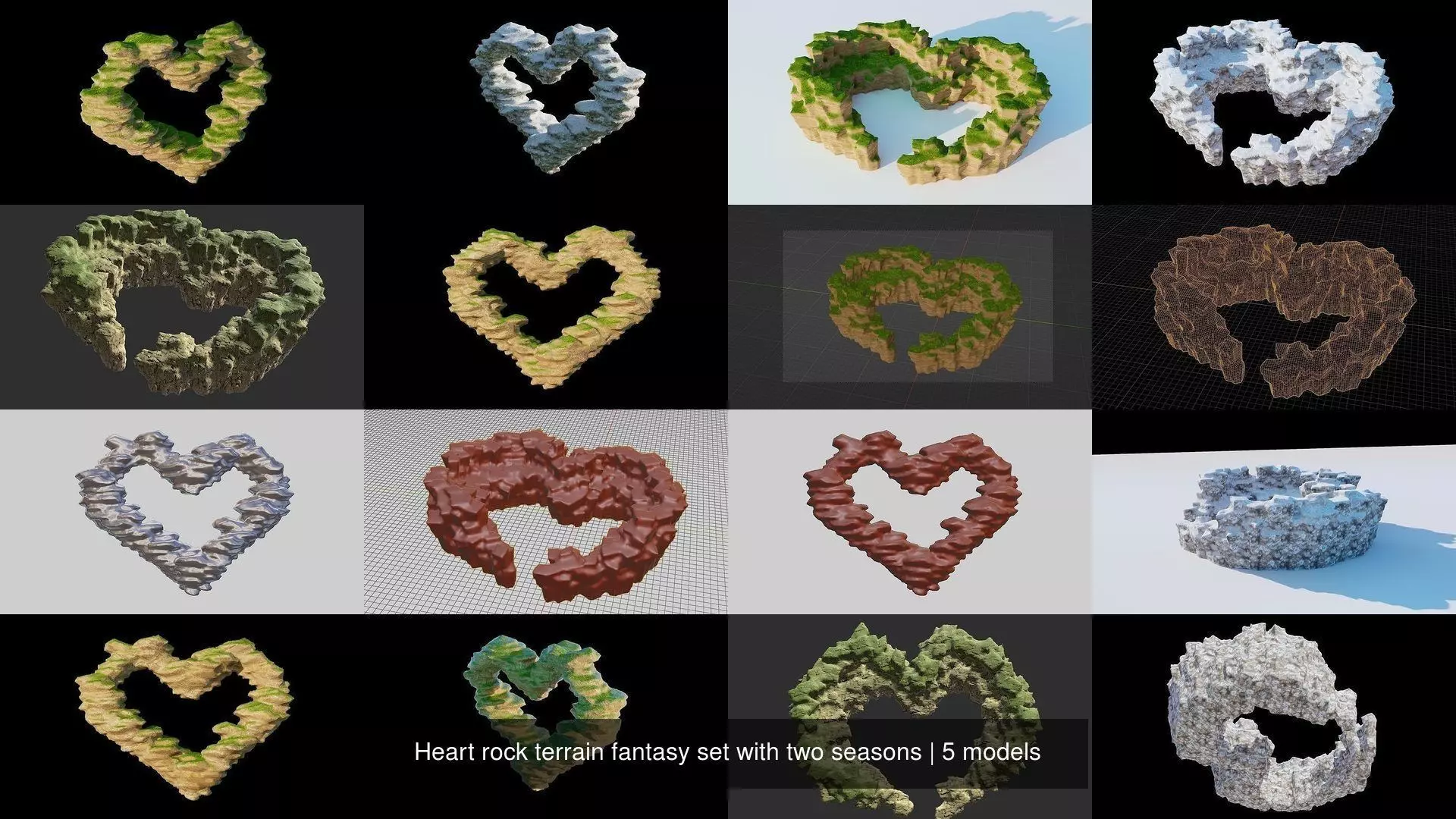 Heart rock terrain fantasy set with two seasons 3D Model Collection_0