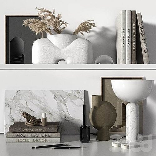 decorative set vases and books on shelf 3D model