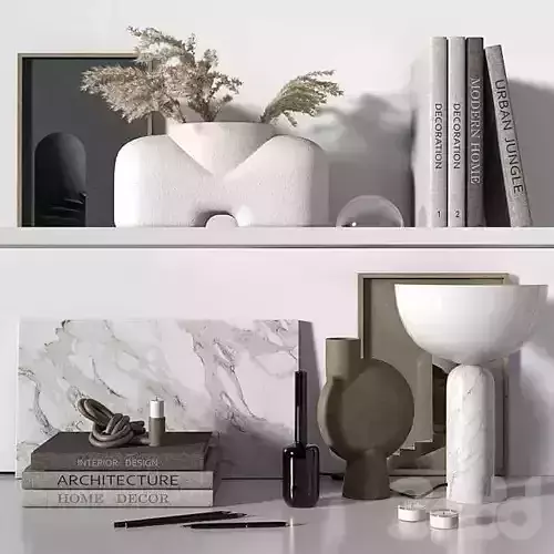 decorative set vases and books on shelf 3D model