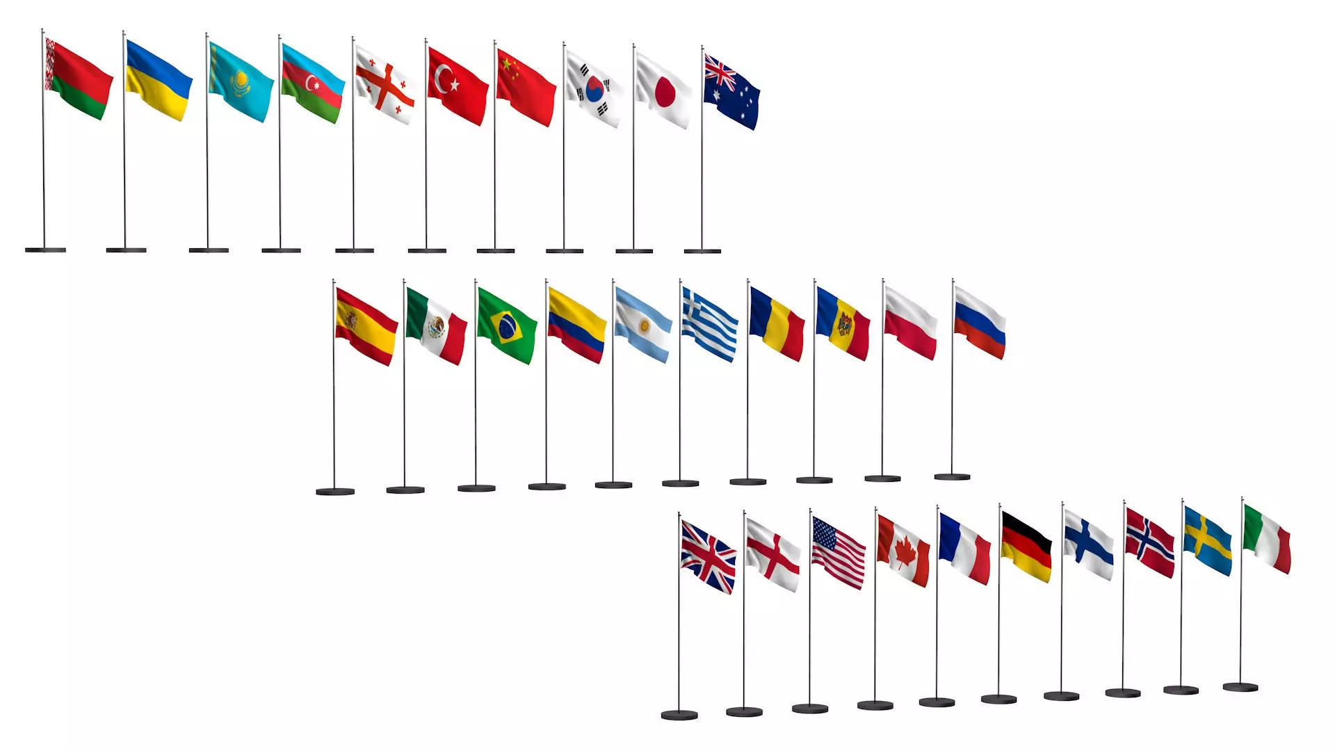 Flags of different countries 30 items Low-poly 3D model
