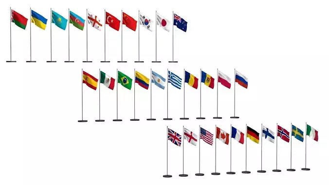Flags of different countries 30 items Low-poly 3D model