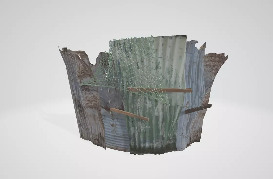 broken wall spliced by iron tiles Low-poly 3D model_0