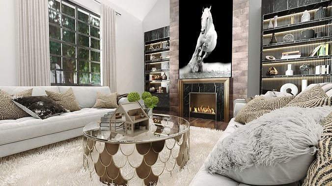 Design 3 living room with furniture and fireplace Free 3D model