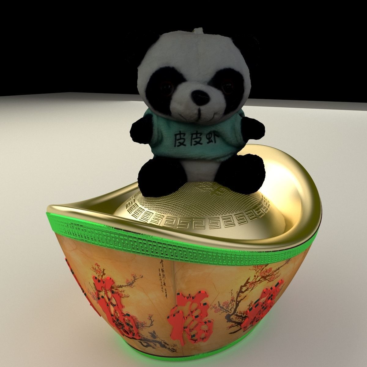 Chinese gold Ingot with panda doll    3D model_6