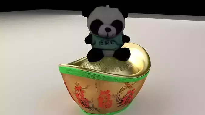 Chinese gold Ingot with panda doll    3D model