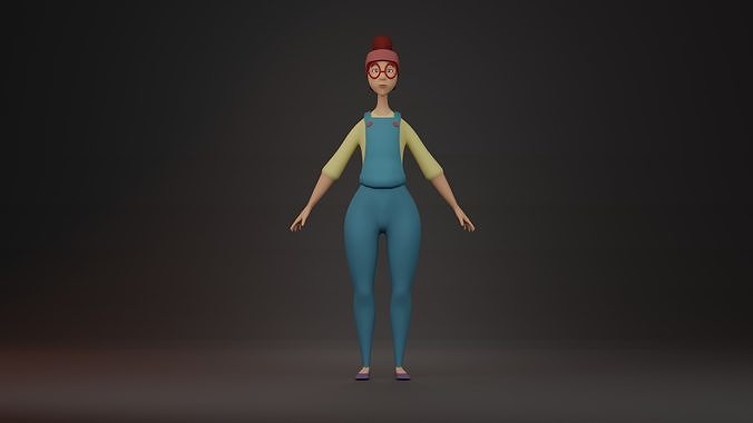 Low poly woman girl in overalls 3D model