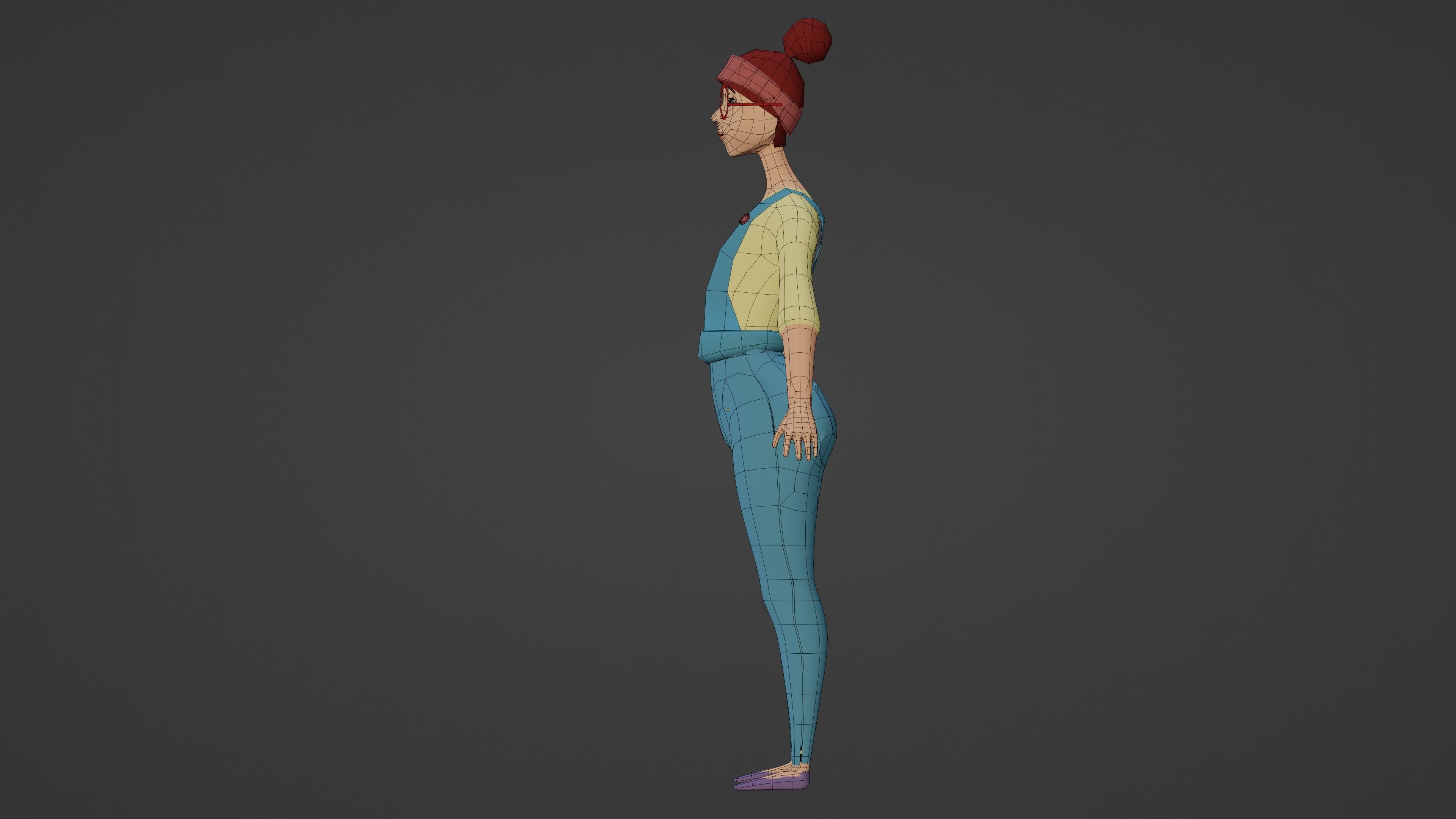 Low poly woman girl in overalls 3D model_2