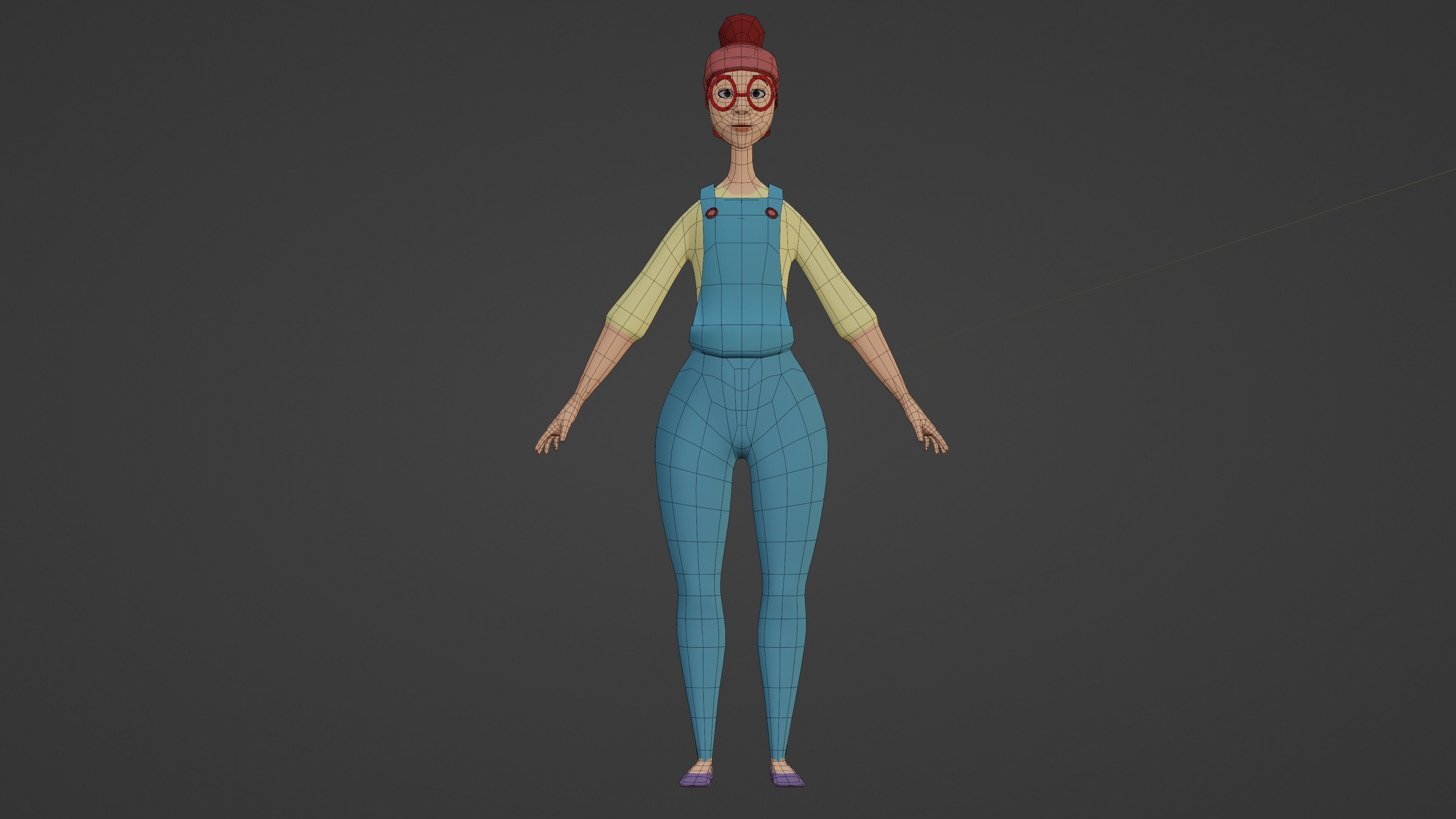 Low poly woman girl in overalls 3D model_1