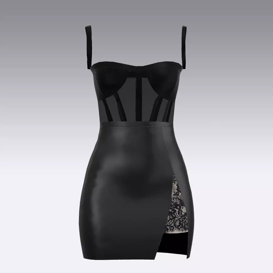 DRESS LEATHER BLACK AND SATIN TRANSPARENT CORSET LACE DETAIL  3D model_0