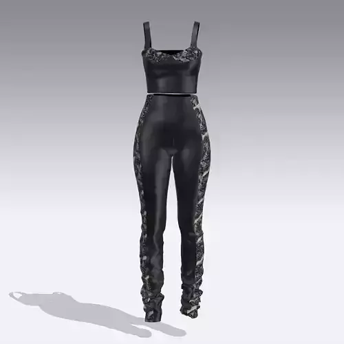 TWO PIECES SUIT BLOUSE AND PANT LACE LEATHER BLACK ELEGANCE LOOK