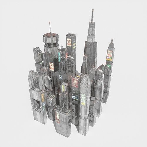 Sci-Fi Cyberpunk Low Poly Building Kit Bash - C4D Octane 3D model 2