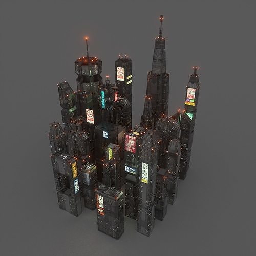 Sci-Fi Cyberpunk Low Poly Building Kit Bash - C4D Octane 3D model 7