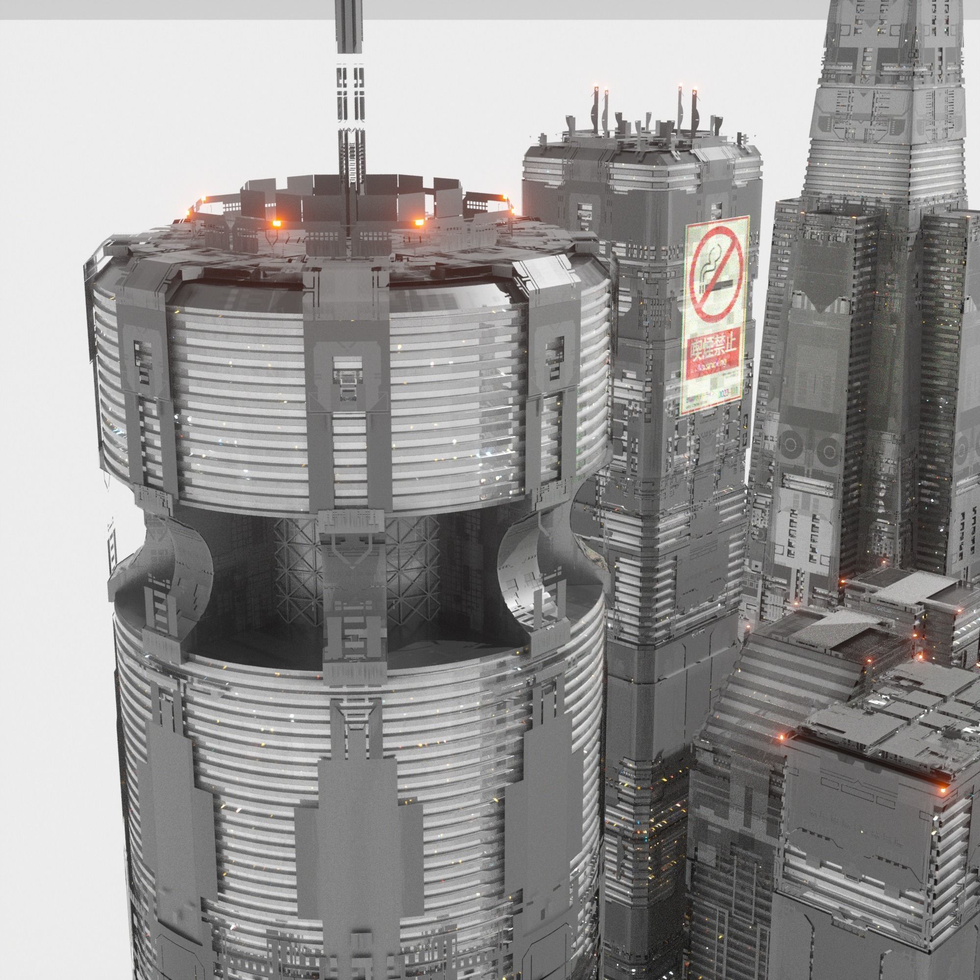 Sci-Fi Cyberpunk Low Poly Building Kit Bash - C4D Octane 3D model_3