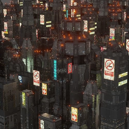 Sci-Fi Cyberpunk Low Poly Building Kit Bash - C4D Octane 3D model 3