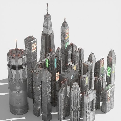 Sci-Fi Cyberpunk Low Poly Building Kit Bash - C4D Octane 3D model 5