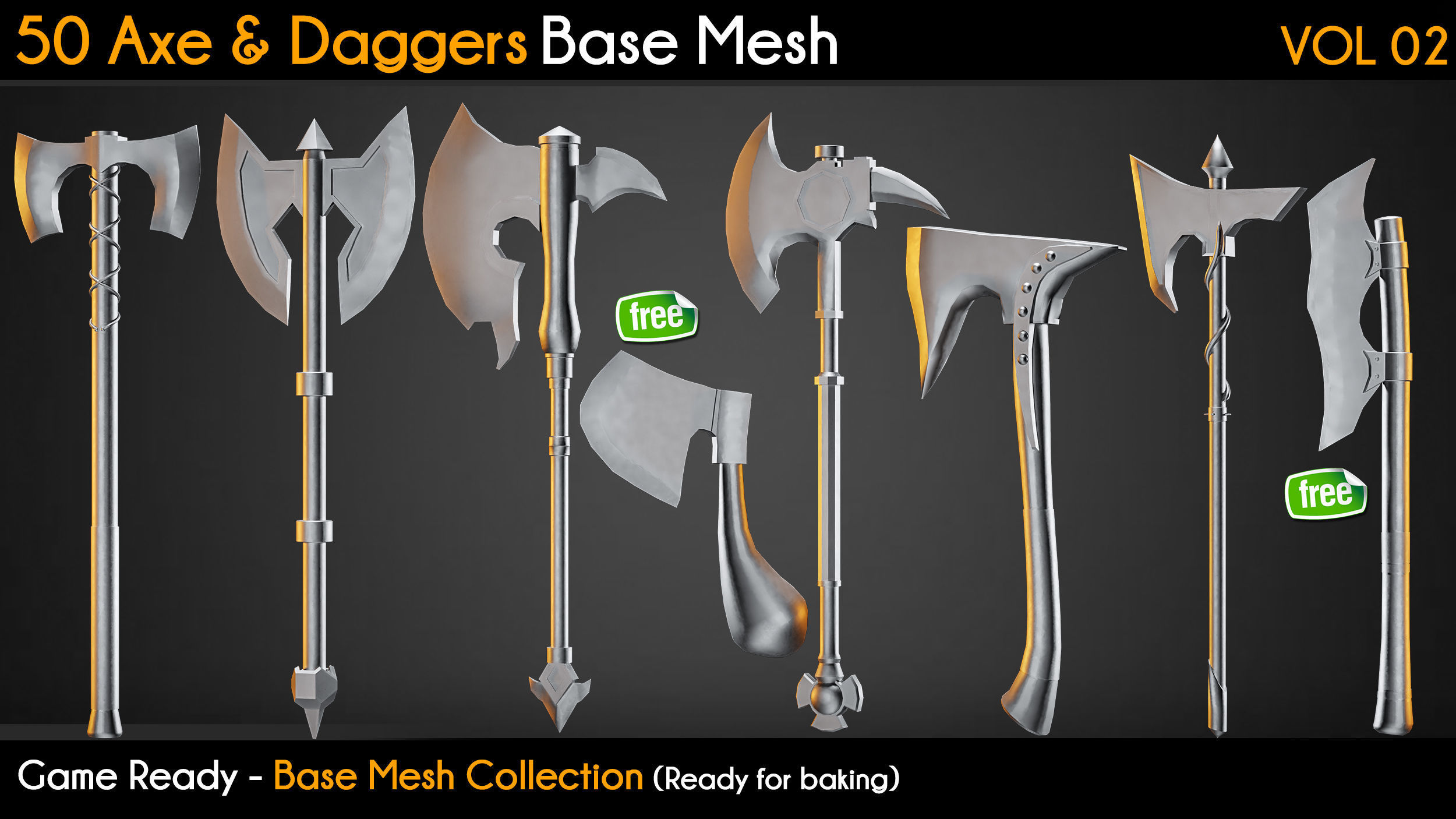 50 Axe and Daggers Base Mesh VOL 02 - Game Ready  Low-poly 3D model_3
