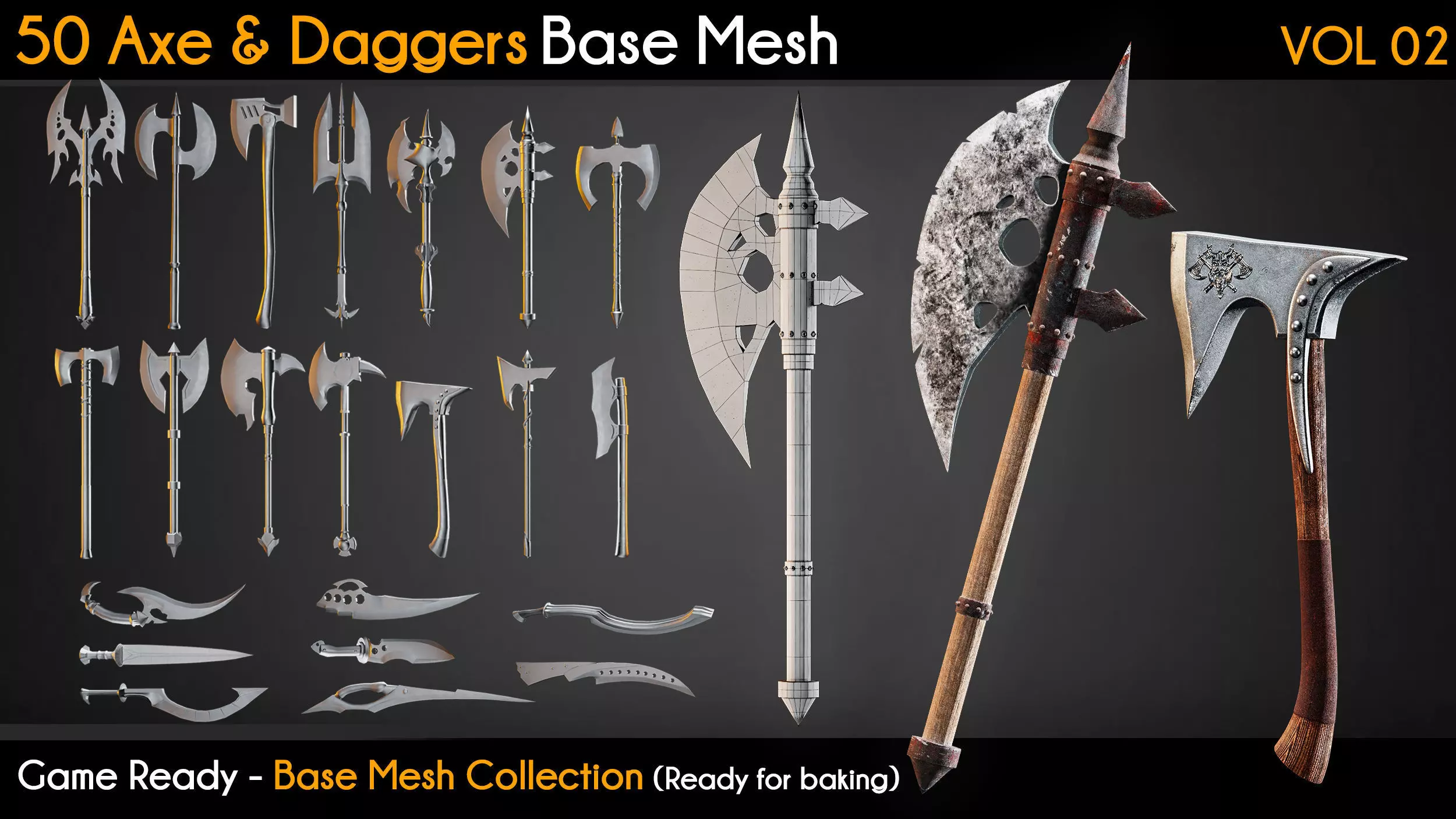 50 Axe and Daggers Base Mesh VOL 02 - Game Ready  Low-poly 3D model_0