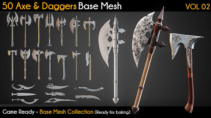 50 Axe and Daggers Base Mesh VOL 02 - Game Ready  Low-poly 3D model