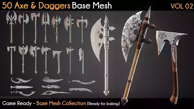 50 Axe and Daggers Base Mesh VOL 02 - Game Ready  Low-poly 3D model