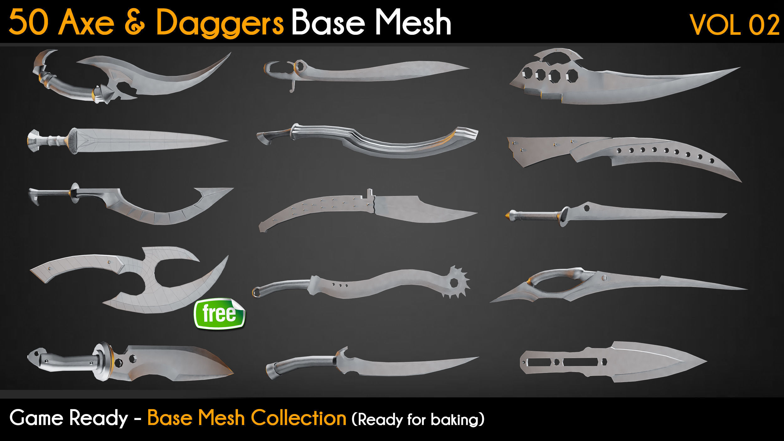 50 Axe and Daggers Base Mesh VOL 02 - Game Ready  Low-poly 3D model_5