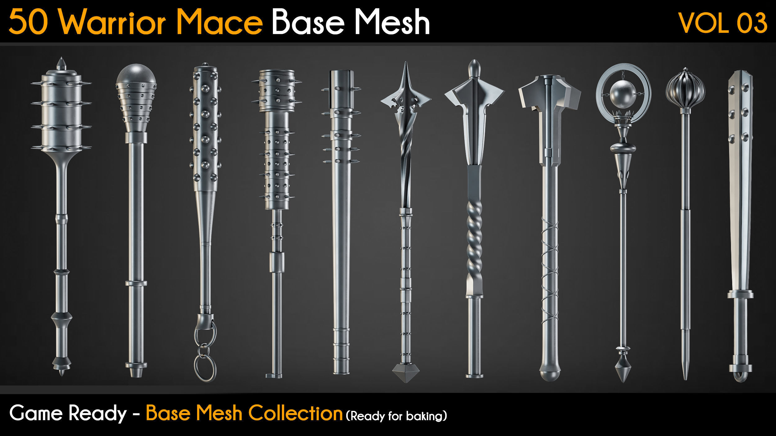 50 Warrior Mace Base Mesh - VOL 03 - Game Ready Low-poly 3D model_3