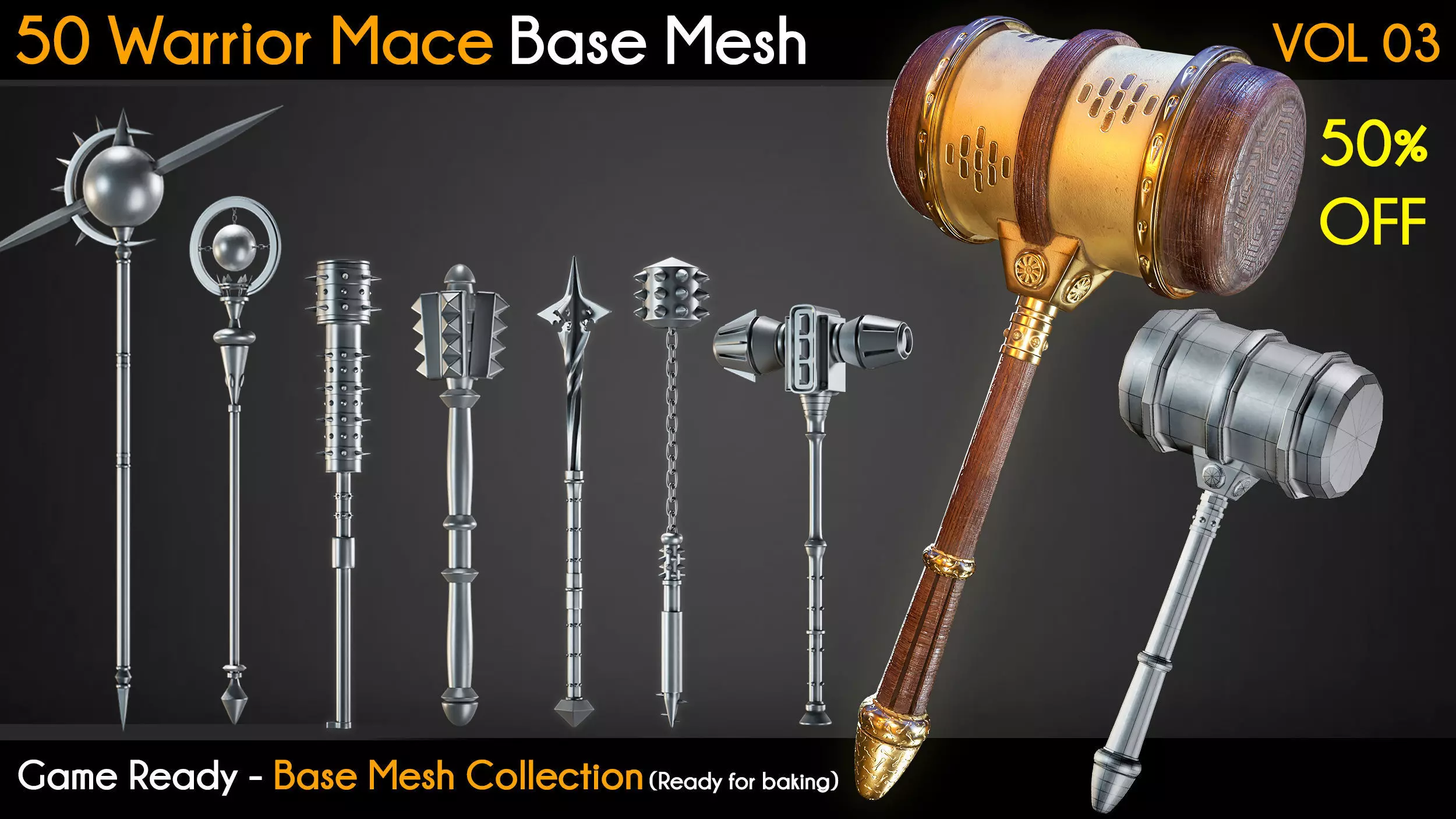 50 Warrior Mace Base Mesh - VOL 03 - Game Ready Low-poly 3D model_0