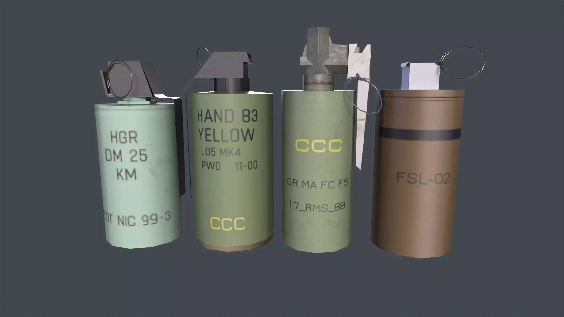 Smoke Grenades Pack Germany France British China Low-poly 3D model_0