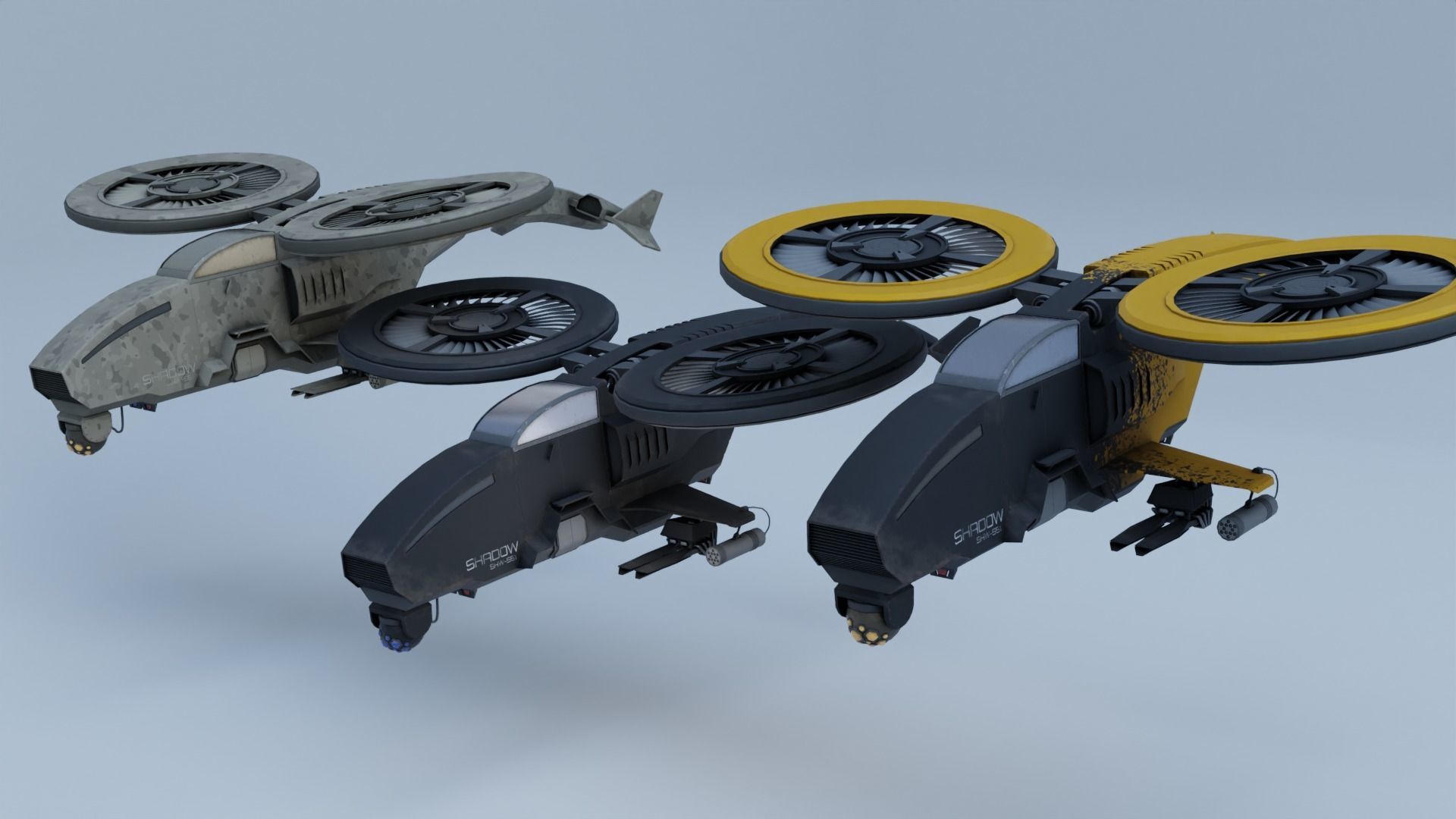 Twincopter with 3 different color variations Low-poly 3D model_1