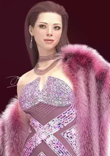 3D model pink twinkle dress with fur 3D model